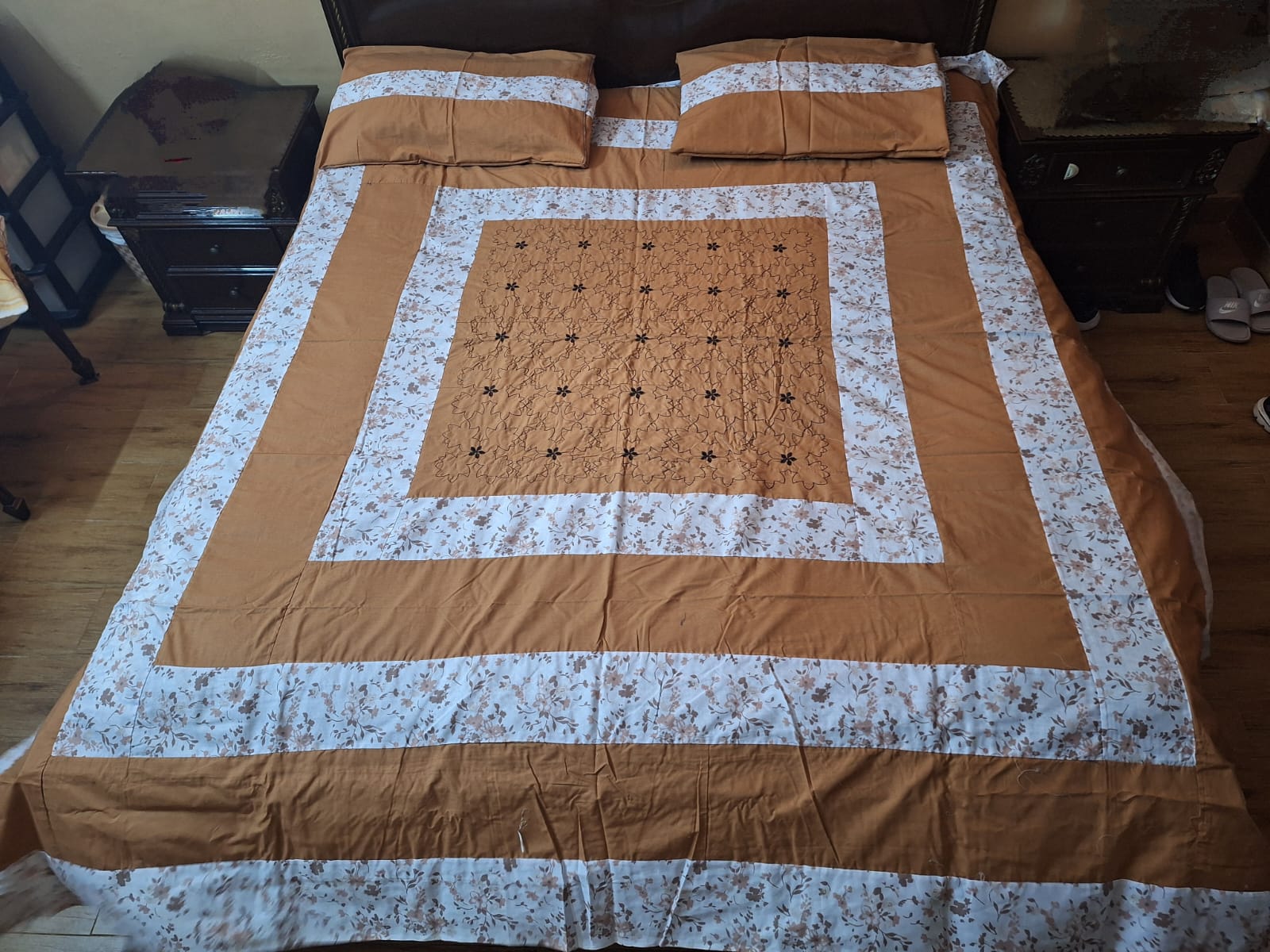 Mustard and White Cotton King Size Bedsheet